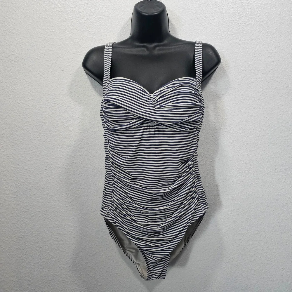 Niptuck Swim Navy Blue and White Striped One Piece Swimsuit Women's Size 6